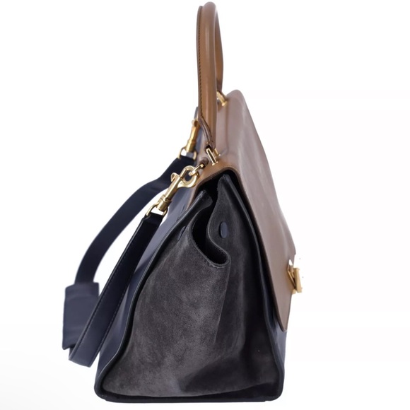 Celine Trapeze Medium Convertible Satchel Crossbody Suede Leather Blue Tan - Picture 8 of 12